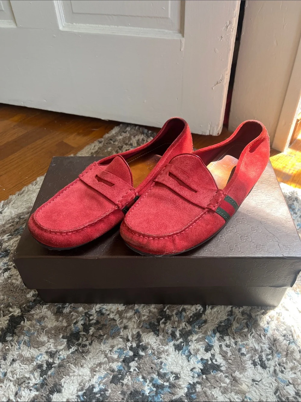 Gucci Red Suede Drivers with Signature Web Stripe